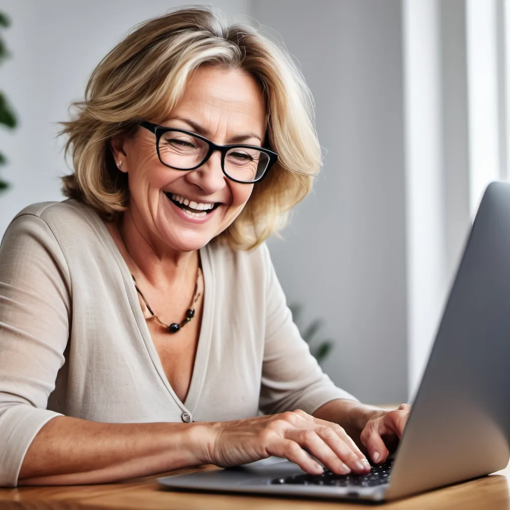 Prompt: Happy middle aged woman looking at email on computer