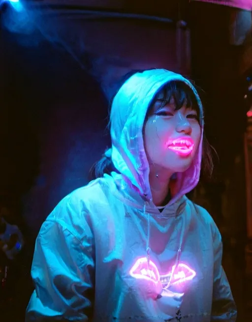 Prompt: Japanese Girl with grills in her mouth pink lighting  neon grills with her hood up