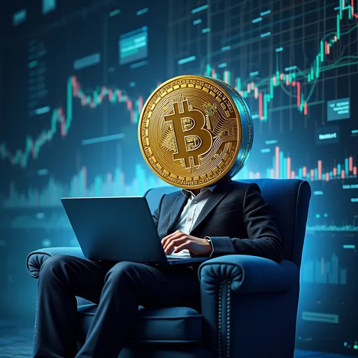 Prompt: Create an exaggerated and imaginative image featuring a character with a human body but a Bitcoin coin as the head, sitting on a couch with a laptop. The laptop screen should prominently display Bitcoin charts and symbols. Use a dynamic background filled with trading charts, cryptocurrency symbols, and digital data streams to convey a sense of high-tech excitement and sophistication. The rich blue background should be interwoven with these elements, enhancing the futuristic and cutting-edge vibe. Incorporate maximalist elements to add complexity and energy, and utilize RTX technology for realistic lighting and shadows to bring depth and realism to the scene. The goal is to craft a visually striking and creative image that captures the thrilling essence of the cryptocurrency world.