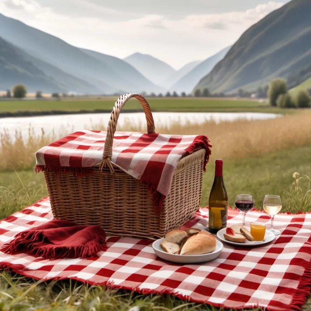 Prompt: Picnic basket with red and white checkered blanket with two adults male and female on a date in a countryside field with mountains in the background and a river
