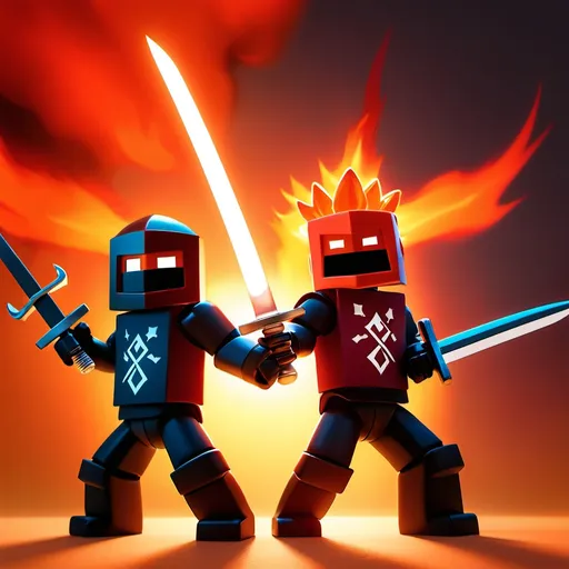 Prompt: two Roblox characters wielding swords with a fiery background