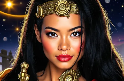 Prompt: "A reimagined Asian female version of Hercules inspired by Pixar's art style. She is a heroic and strong figure with an athletic yet elegant build, long flowing black hair, and a radiant smile that reflects both strength and kindness. She wears a modernized version of Greek armor, featuring intricate gold and bronze details, paired with a flowing cape. Her pose is dynamic, holding a glowing sword in one hand exuding confidence and determination. The background showcases a vibrant and mythological world filled with ancient ruins and a breathtaking celestial display of all the planets aligning in a radiant golden sky. The scene captures her as a symbol of power, resilience, and grace, standing as a hero in a cosmic and legendary moment."