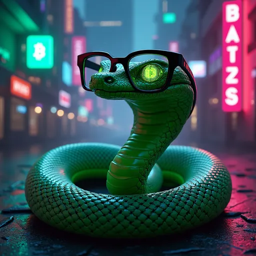 Prompt: "A neon green Cyberpunk Genius Snake enhanced with Solana-inspired hues of teal, purple, black, and red. The Snake wears bold black square-framed glasses, exuding intelligence and swagger as it slithers through a futuristic crypto cyberpunk world. The setting features holographic Bitcoin logos and glowing cryptocurrency symbols including NFTs in 2025. Vibrant neon lights and high-tech skyscrapers create a moody, surveillance aesthetic. The snake’s sleek design is highlighted by metallic accents and glowing patterns in Solana's signature color palette."