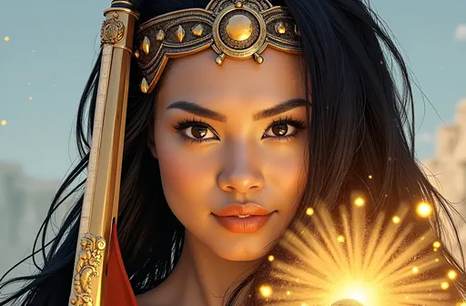 Prompt: "Imagine a reimagined Vietnamese Asian female version of Hercules inspired by Pixar's art style. She is a heroic and strong figure with an athletic yet elegant build, long flowing black hair, and a radiant smile that reflects both strength and kindness. She wears a modernized version of Greek armor, featuring intricate gold and bronze details, paired with a flowing cape. Her pose is dynamic, holding a glowing sword in one hand exuding confidence and determination. The background showcases a vibrant and mythological world filled with ancient ruins and a breathtaking celestial display of all the planets aligning in a radiant golden sky. The scene captures her as a symbol of power, resilience, and grace, standing as a hero in a cosmic and legendary moment."