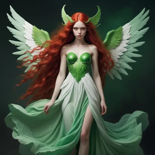 Prompt: Monstre mythologique, fille avec le corps vert et la tête d'un humain, cheveux longs un peu ondulés et roux, des ailes vertes, longue robe blanche et verte mélangé