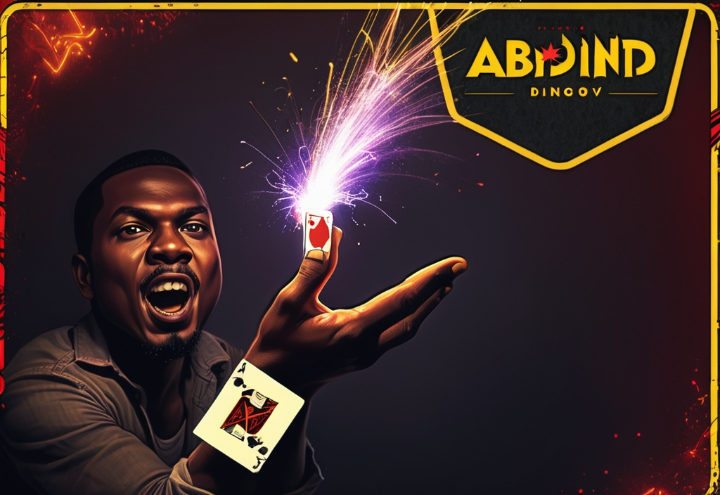 Prompt: a man holding a playing card in his hand with a lot of sparks in the background and a red and yellow border around him, Abidin Dino, shock art, action, poster art