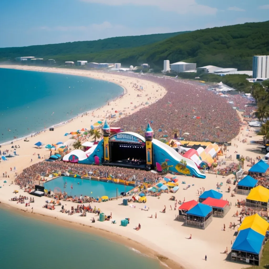 Prompt: festival de música en la playa con dos escenarios, puestos de comida y toboganes 



