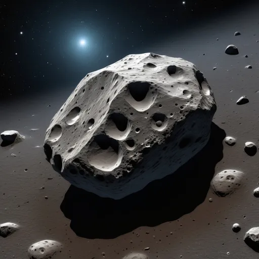 Prompt: "A close-up of an asteroid's surface, showing intricate details like jagged rocks, deep craters, and patches of dust. The asteroid’s texture is rough and uneven, with areas of exposed metal and rocky material. The background is the vastness of deep space, with distant stars faintly twinkling and a nearby galaxy subtly glowing in the far distance. The asteroid floats in complete silence, isolated in the blackness of space."