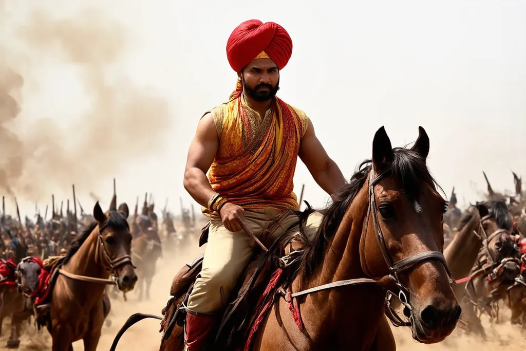 Prompt: A close-up of Raghuji Bhonsle, the Maratha commander, atop his horse, looking determined and fierce. Behind him, his army is ready for the attack. The background shows the Bengal landscape, with smoke rising from distant villages