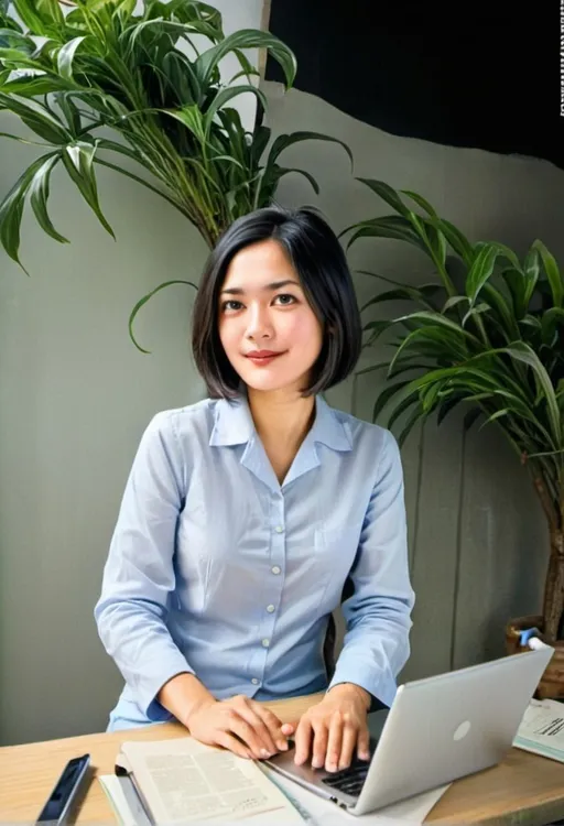 Prompt: a woman sitting at a table with a laptop computer on it's side and a plant behind her, Chen Jiru, private press, phuoc quan, a stock photo