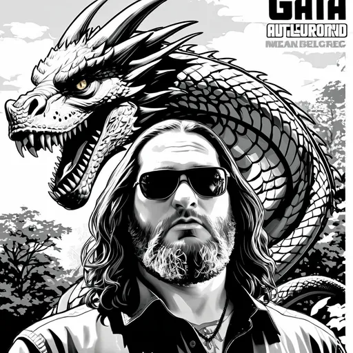 Prompt: GTA Cover art,  B&W coloring book page, man with long hair and beard with his dragon in the park, line art, solid white background