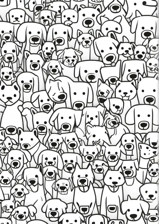 Prompt: a repeating pattern of cute cartoon dogs, geometric line style for colouring book, very dense overlapping pattern, white background, no colour