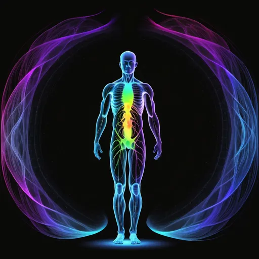 Prompt: Create an image of the human bio field, include a man standing,colour radiating from aura, on a black background, 