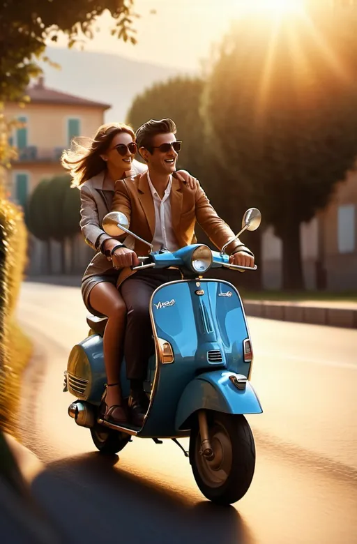 Prompt: a man And woman riding a vespa motorbike, afternoon sunlight, cinematic masterpiece, rich warm tones, dynamic pose, sense of freedom, slight motion blur, nostalgic atmosphere, serene sky, long shadows, winding road, Italian countryside, highly detailed, golden hour lighting, realistic textures, intricate details, expression of enjoyment, beautiful scenery, 4K, ultra-detailed, high resolution, photorealistic.