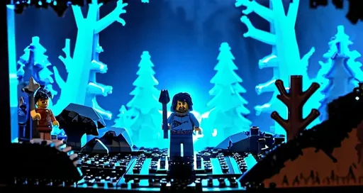 Prompt: A Lego caveman forest blue