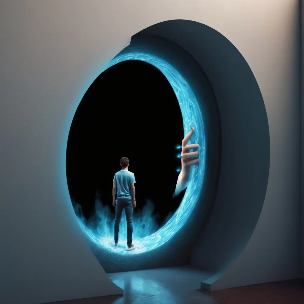 Prompt: make image like person is teleporting so half of the person is outside the portal and the other half is at the other side of the portal somewhere else






