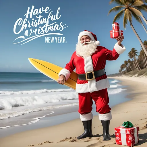 Prompt: Create sophisticated and fun Santa with a surf board and presents on the beach image with 'Have a wonderful Christmas and a very Happy New Year' for corporate audience
