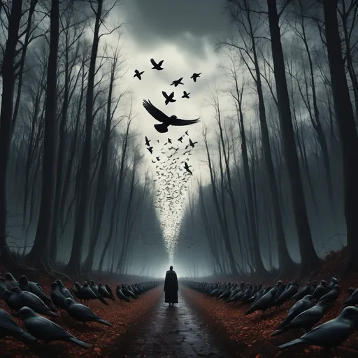 Prompt: a group of birds flying over a forest filled with trees and a person standing on a path in the middle of the woods, Dirk Crabeth, gothic art, dark art, a matte painting