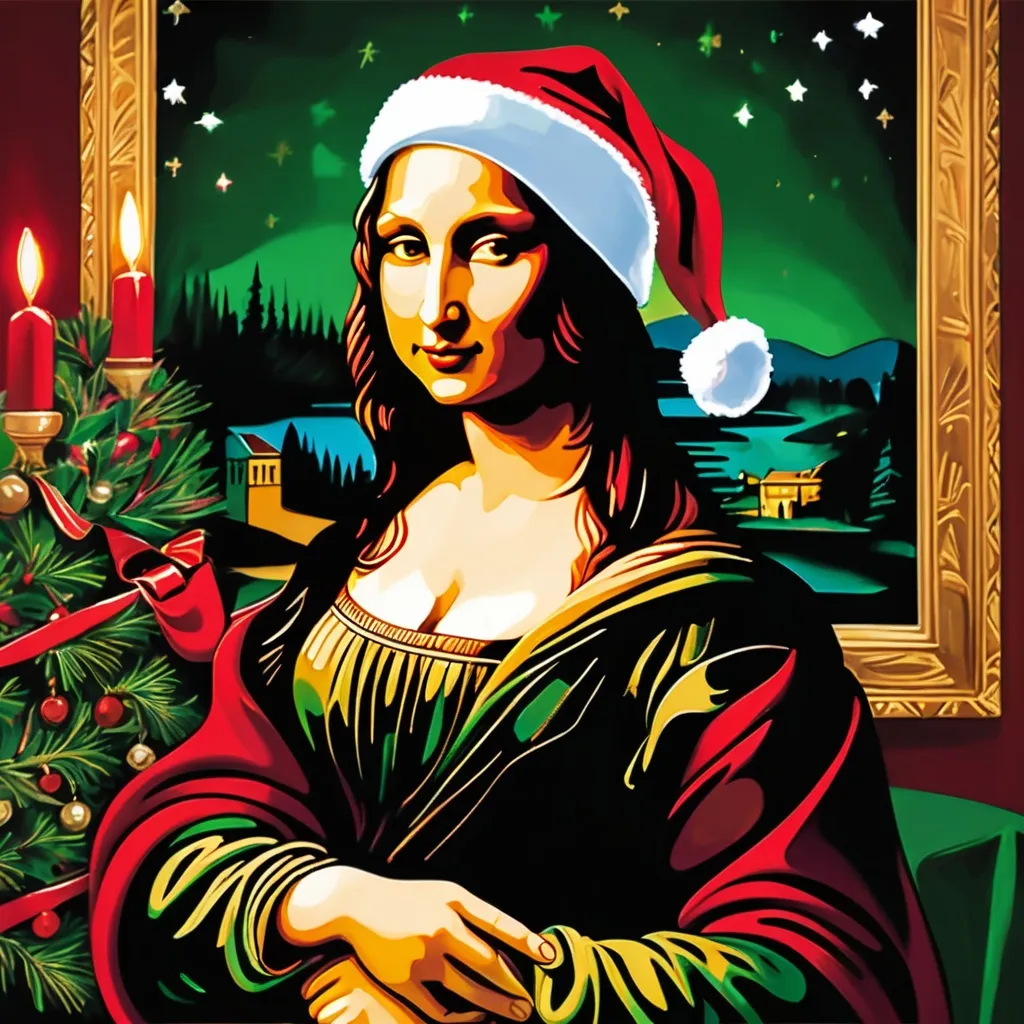 Prompt: A Christmas-themed reinterpretation of the Mona Lisa, set in a warm, festive ambiance. The subject wears a rich red and green dress with golden embroidery, accessorized with a delicate Santa hat and subtle holly decorations. The background features softly glowing Christmas lights and a decorated pine tree. The overall style mimics the traditional Renaissance painting aesthetic, with fine brush strokes, detailed textures, and realistic lighting.