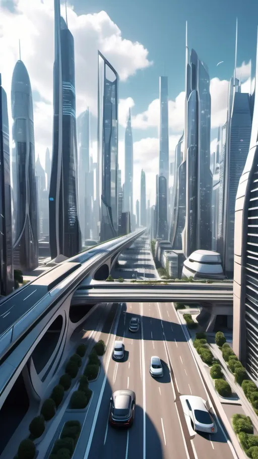 Prompt: Stunning aerial view of a vast futuristic cityscape, with skyscrapers soaring through the sky, cars driving along futuristic highways (animation,3d,anime)