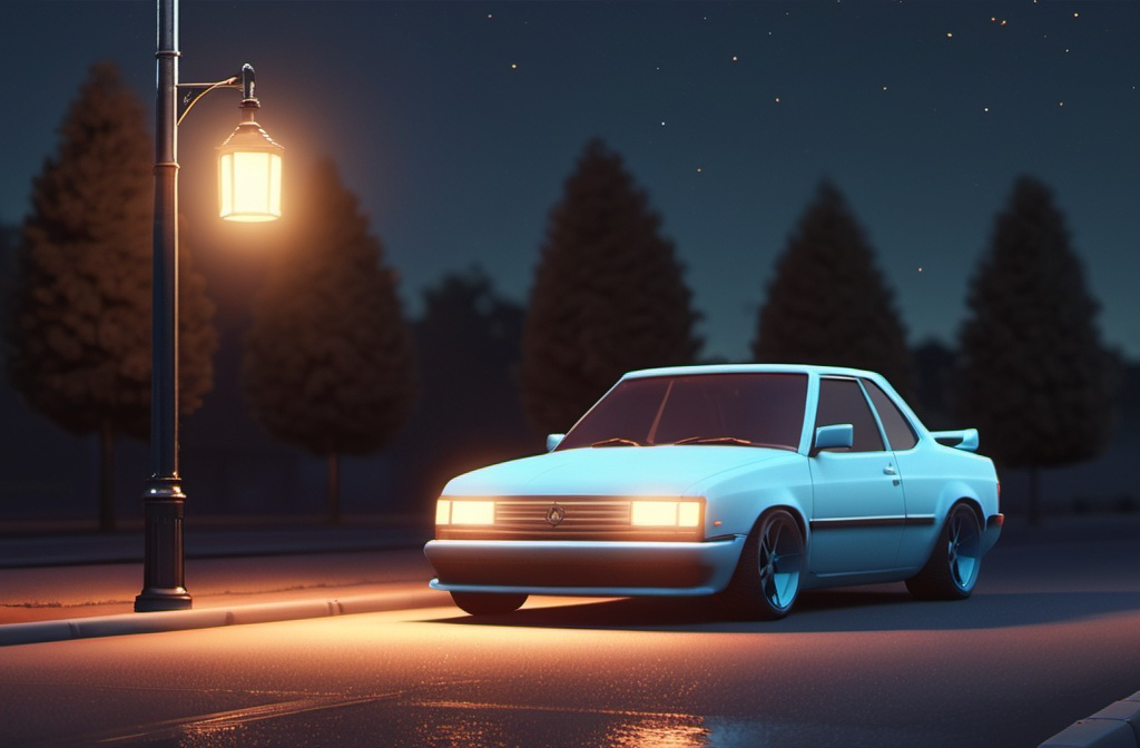 Prompt: a modified car parked on the side of the road next to a lamp post that illuminates the car. (art, animation.3d)