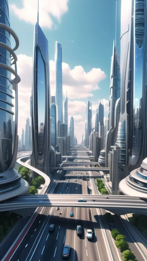 Prompt: Stunning aerial view of a vast futuristic cityscape, with skyscrapers soaring through the sky, cars driving along futuristic highways (animation,3d,anime)