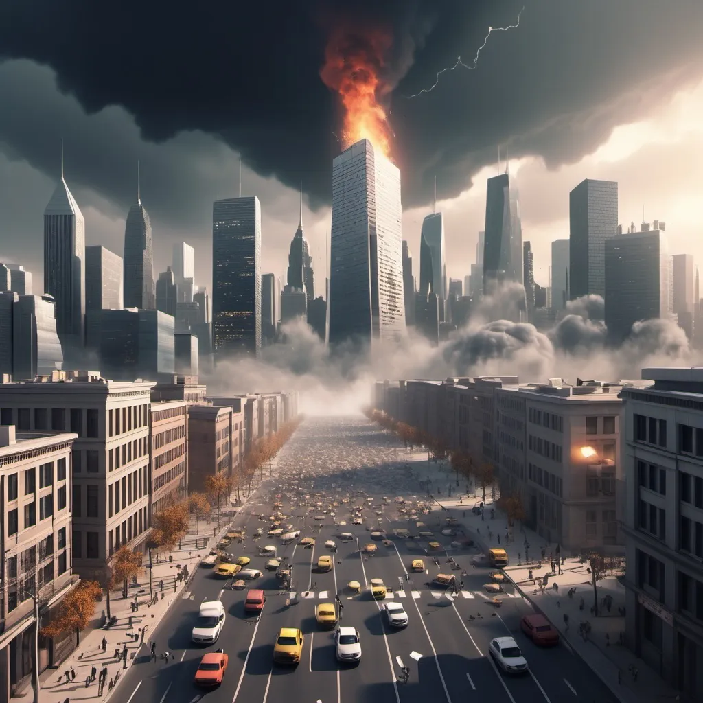 Prompt: make a picture about 2025 with lots of disasters, people panicking and running around, metropolitan city background, art, animation, 3d