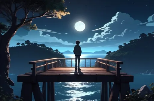 Prompt: someone on the edge of the bridge, he is leaning on the bridge thinking about something, the background is the ocean, trees and mountains at night with the moonlight shining through. (animation, art, anime, 3d)