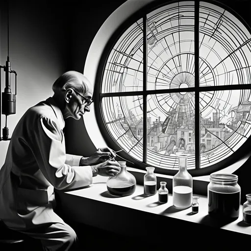 Prompt: side view of discoverer of Lysergic Acid Diethylamide Albert Hofmann working with chemicals below a big round intricate window in the style of an absurdist expresionist manga