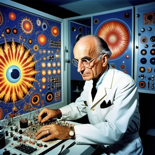 Prompt: Lysergic Acid Diethylamide discoverer Albert Hofmann working in a lab while psychedelic deities made out of eyes, wings, golden wheels and colors whisper secrets of the Universe into his ear