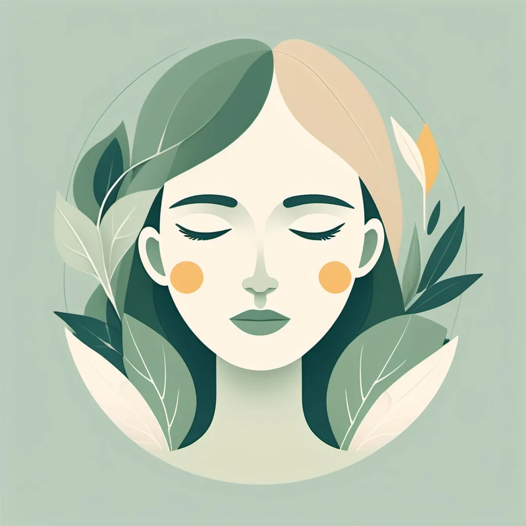 Prompt: Create a minimalist faceless avatar symbolizing personal growth and positivity. Use soft lines, abstract shapes, and nature-inspired elements like leaves or a sunrise. Choose calming colors such as sage green, beige, and muted blue. The style should be modern, artistic, and uplifting.