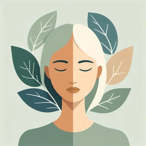 Prompt: Create a minimalist faceless avatar symbolizing personal growth and positivity. Use soft lines, abstract shapes, and nature-inspired elements like leaves or a sunrise. Choose calming colors such as sage green, beige, and muted blue. The style should be modern, artistic, and uplifting.