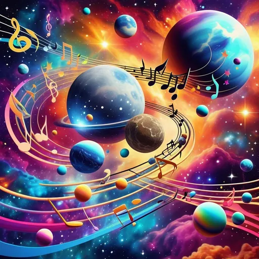 Prompt: in bright psychedelic space a string of music notes plays as a wave from one end through zero gravity against the back drop of planets, stars, space rocks and satellites on in bright psychedelic space white musical notes planets, stars, space rocks, colourful clouds saturated 