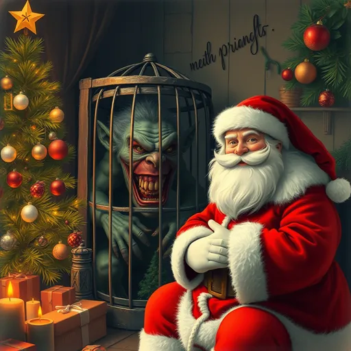 Prompt: Christmas setting where santa claus is very happy and normal looking and where we see a very angry ugly scary looking troll in a cage in the corner next to the christmas tree
