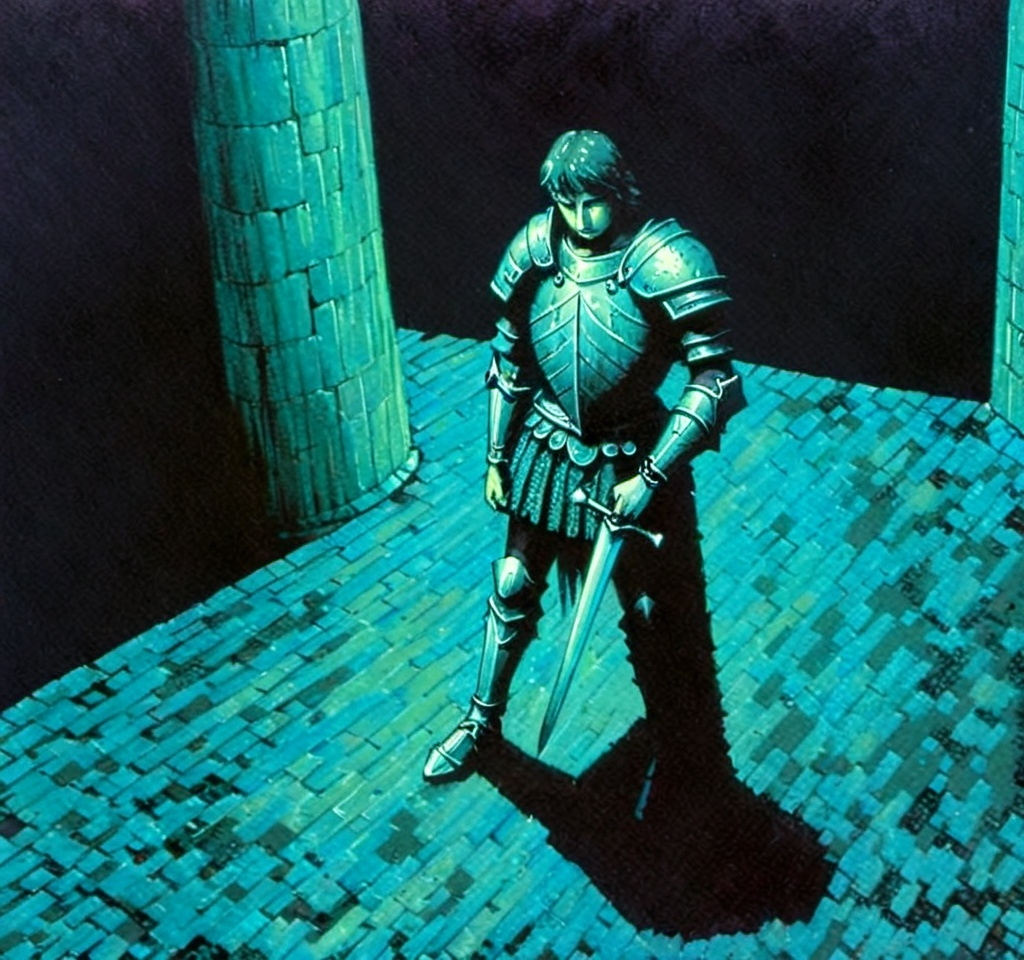 Prompt: halftone dot; a knight stands in a dungeon hallway. The background is black and the walls are made of an old green brick. Make the image heavily pixelated, like it has a very low resolution or a very grainy texture. 