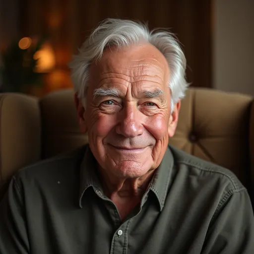 Prompt: photorealistic head and upper body portrait of a kindly 70 year old  man, warm facial expression, looking straight ahead, bright lighting illuminating his face, cozy ambiance, seated in a comfortable chair , plush texture and warm tones in background, ultra-detailed, high quality.