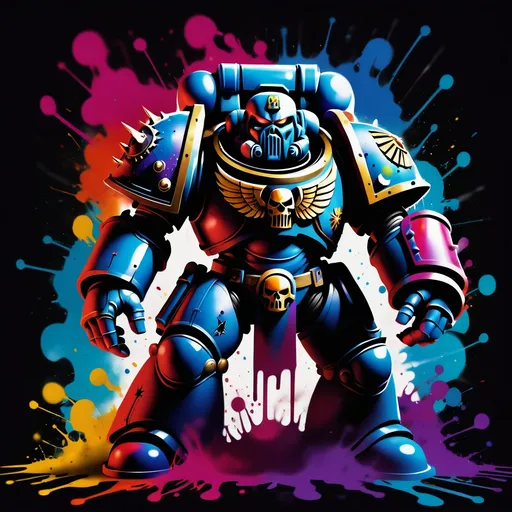 Prompt: Colorful graffiti illustration of a space marine, paint splashes, warhammer 40k, gothic background