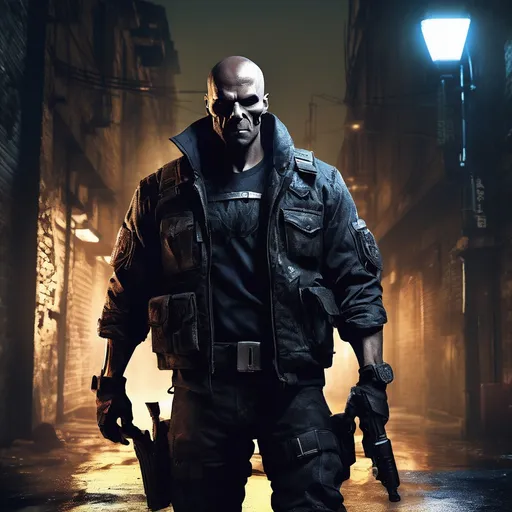 Prompt: A rugged vigilante wearing a tactical outfit with a prominent skull emblem on the chest, standing in a dark urban alley. The setting is illuminated by the soft glow of a flickering streetlight, with shadows casting a menacing aura. The character holds a weapon in one hand, his expression fierce and determined. Surrounding the scene are subtle signs of battle: broken glass, scattered bullet shells, and graffiti-covered walls. The style is gritty and hyper-realistic, emphasizing the intensity of the character and the atmosphere.