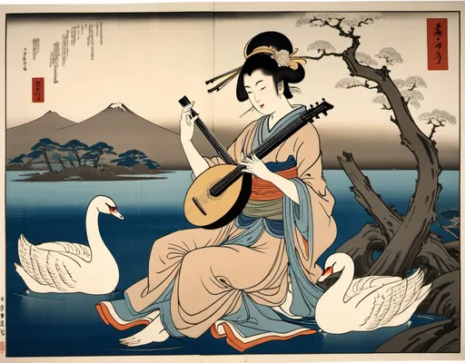 Prompt: Ukiyo-e japanese art, Saraswati with small swan, playing music, Toji in background