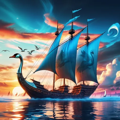 Prompt: Midrange distance of fantasy flying ship in blue sky and sunset clouds with swans in escort and bivalve shaped sails with miao wax printed sails, shiny cyberpunk colors, retrofuturism, 1980s sci-fi, game cover art, 4k