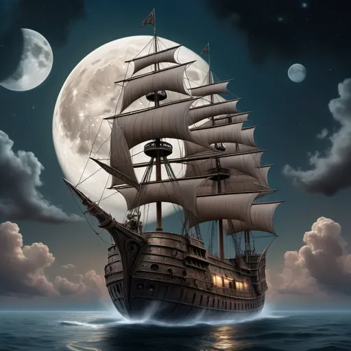 Prompt: a ship floating in the air with a moon in the background and in the sky above it, Anne Stokes, fantasy art, steampunk, a superfine detailed matte painting