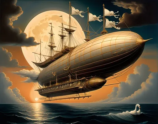 Prompt: Steam punk airship navigating through clouds at sunset with a full moon over the ocean, A swan emblazoned on the sails, Michael Parkes surreal, magical realism, bright candlelight emanating from inside