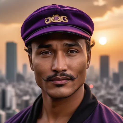 Prompt: a mid 30s year old mixed racial African ghanisn and European  British   and Puerto Rican handsome chiseled face man. with Errol Flynn moustache, and bottom lip hair portrait shot with a background of Tokyo at sunset that is purple red almost apocoliptic, he wears a baseball black cap with JDH insignia logo style in italic gold handwriting font style of a classical monks handwriting then JDH IS UNDERLINED in silver shining stroke line with the line being smaller font that says  THE KEYS TO THE CITY 

THE MAN IS ALSO wearing gold round rimmed sunglasses similar to the classic fendi, his head slightly choked down his eyes looking left off shot as he winks to a beautiful summer dress wearing model looking female just off shot in boke and he slightly smiles .

and divide the image into four panes of the same man with different background locations worldwide