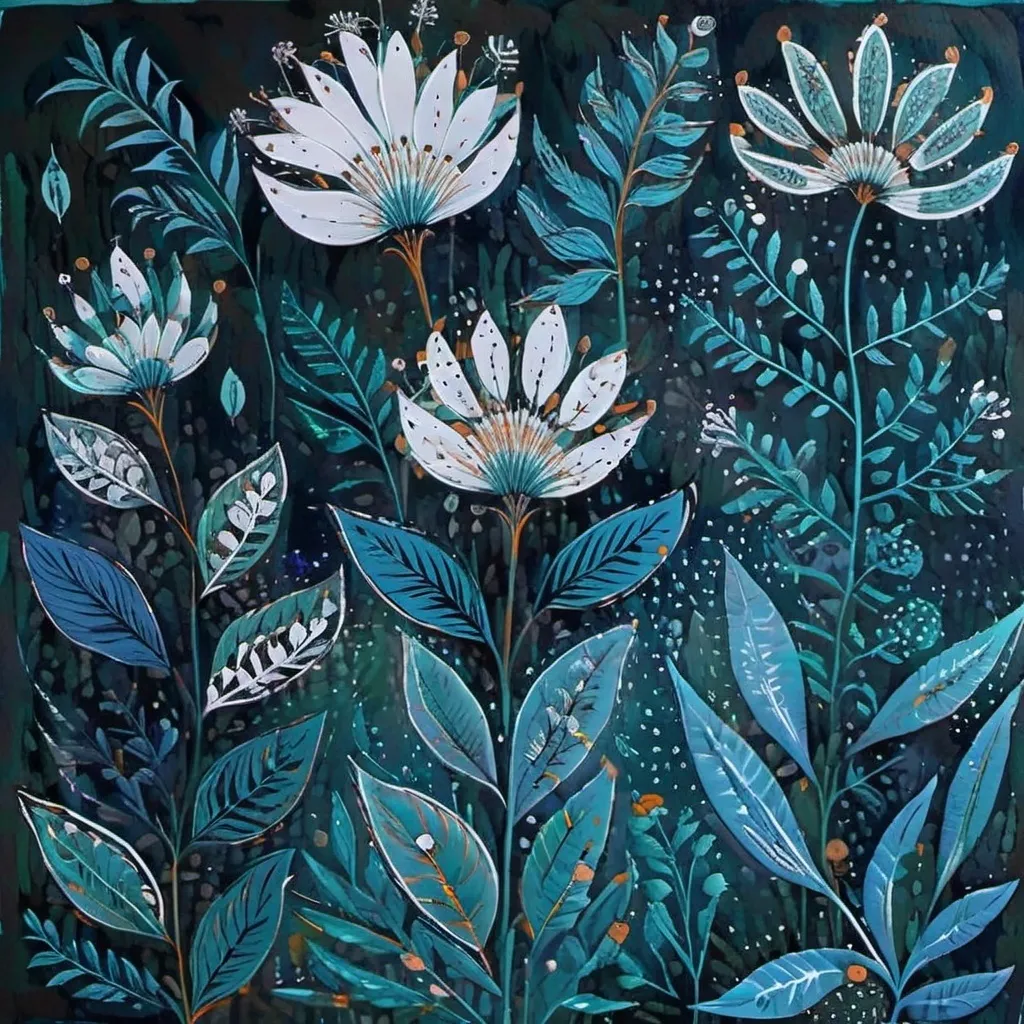 Prompt: a painting of flowers and leaves on a blue background with a green background and a white border with a blue border, Diane Dillon, naive art, in gouache detailed paintings, a painting