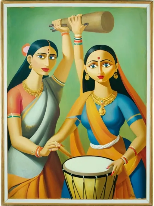 Prompt: a painting of two women with drums and a man holding a drum in his hand and another woman holding a drum in her other hand, Bhupen Khakhar, bengal school of art, oil on canvas, an oil on canvas painting