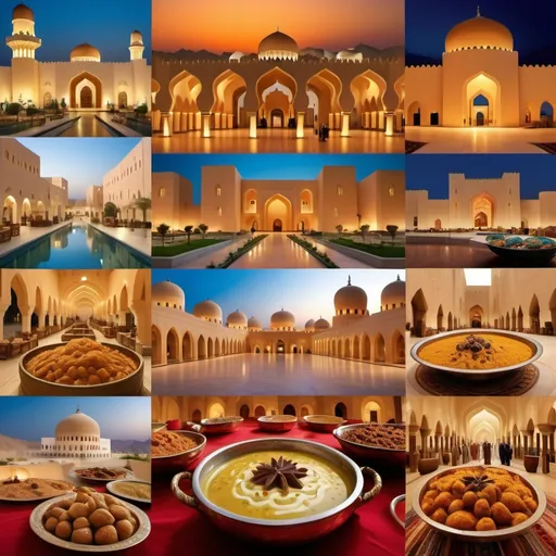 Prompt: (vibrant collage of Oman), (gorgeous food arrangements), (scenic monuments), (joyful people interacting), rich textures, warm colors, cultural elements, detailed food plating, captivating landscapes, historical architecture, inviting atmosphere, ultra-detailed, center stage of traditional Omani dishes, mingle of cultural diversity, exotic spices, local attire, enticing ambiance of Oman.