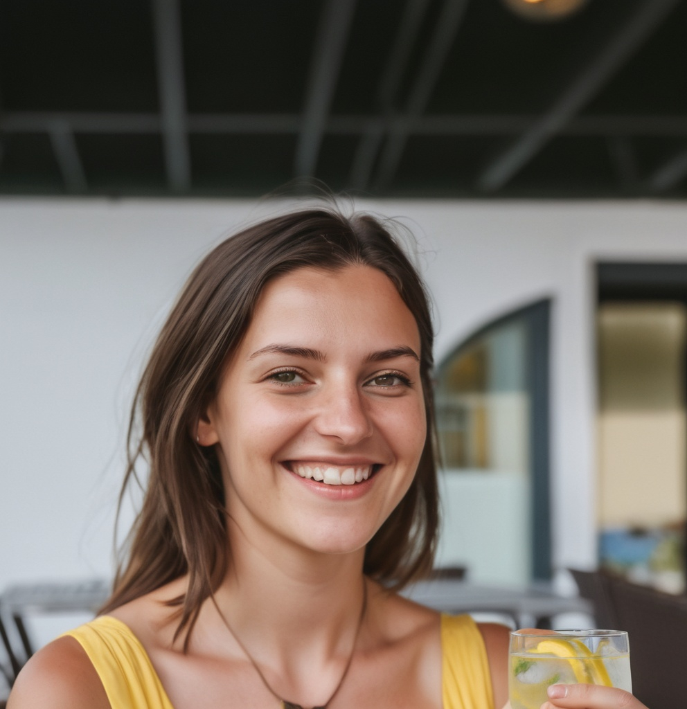 Prompt: Smiling woman in her 20s with dark brown hair, sitting on a terrace with a yellow summer dress and sandals on her bare feet. On the talbe in front of her a glas with a gin tonic, in the background is a waiter disappearing