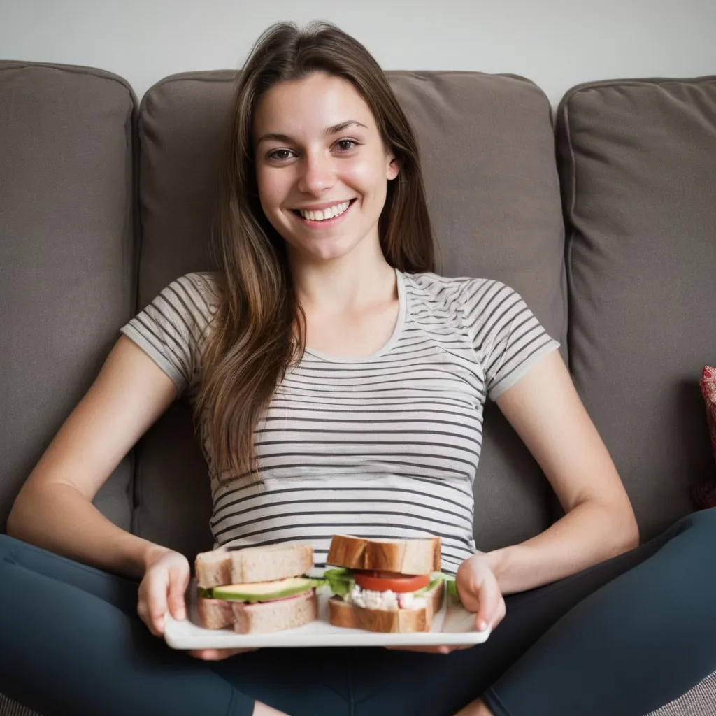 Prompt: Not very tall woman in her mid 20s laying on a sofa. She is not super slim and has long, brown hair.  She is casually dressed in yoga shorts and a striped t-shirt. She has a plate with a sandwich in her hand and smiles at the photographer