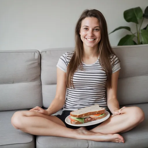 Prompt: Not very tall woman in her mid 20s laying on a sofa. She is not super slim and has long, brown hair.  She is casually dressed in yoga shorts and a striped t-shirt. She has a plate with a sandwich in her hand and smiles at the photographer