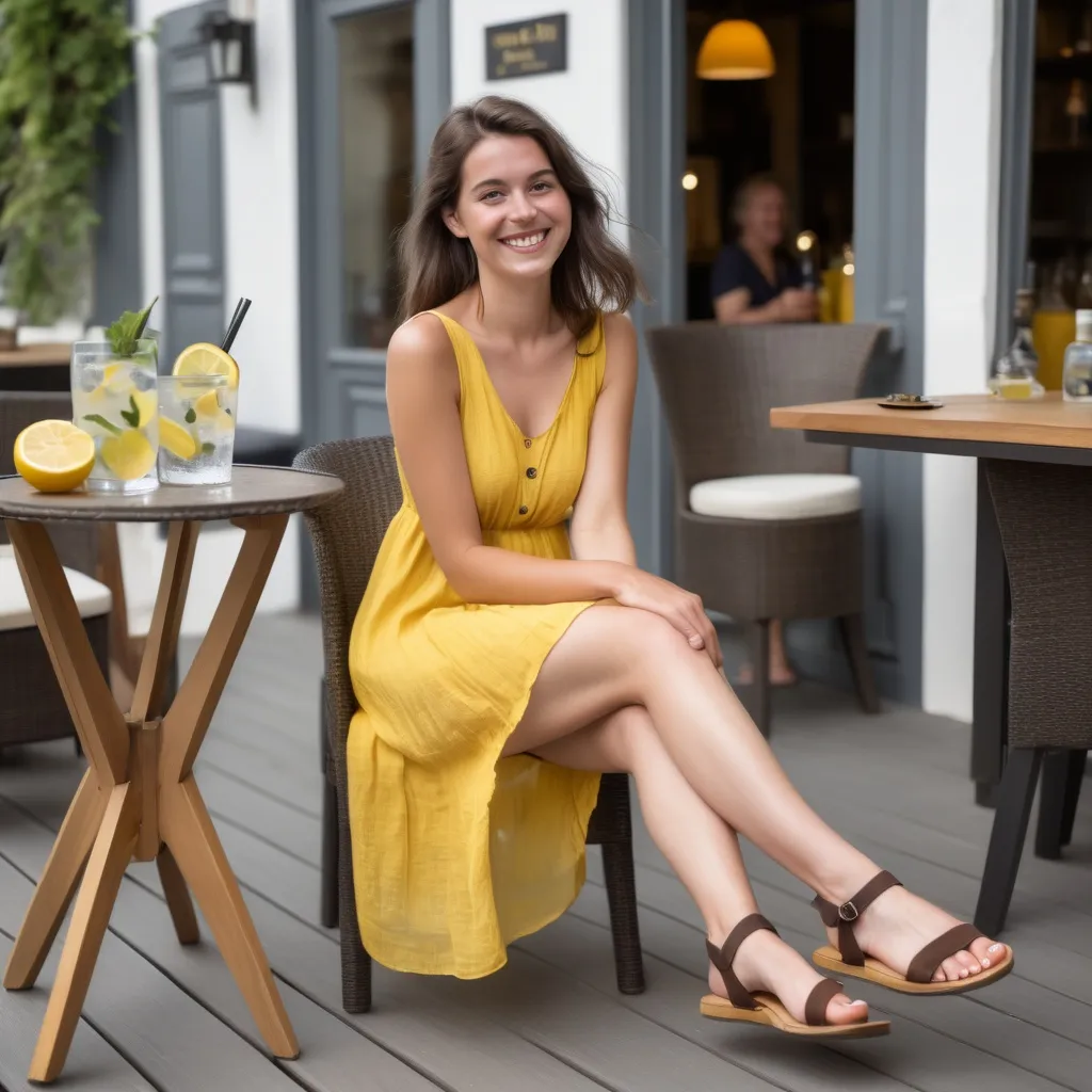 Prompt: Smiling woman in her 20s with dark brown hair, sitting on a terrace with a yellow summer dress and sandals on her bare feet. On the talbe in front of her a glas with a gin tonic, in the background is a waiter disappearing